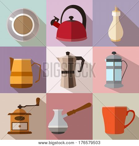 Set of colorful square flat coffee icons with long shadows vector illustration