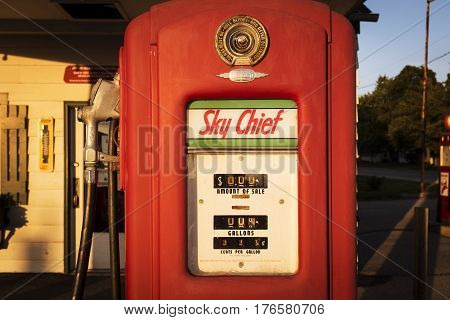 Dwight Illinois USA - July 5 2014: Old Gas Pump at a gas station along the Route 66 in Dwight Illinois USA.