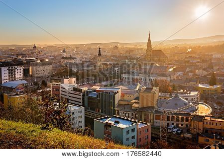 View from above of Cluj Napoca city and St. Michael's Church in a sunny morning