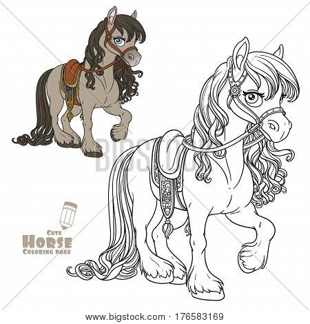 Cute horse with lush mane harnessed to a saddle color and outlined picture for coloring book on white background