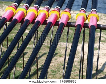 Critical orr adjustments are colorful reminders of races won and lost. The rowing team practice with competition in mind.