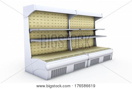 Empty refrigerator display showcase. Isolated on white background include clipping path. 3d render