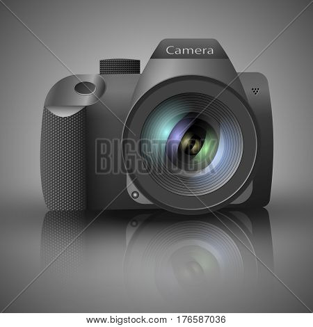 Realistic SLR digital camera with lens on grey background. With the mirror reflection and shadow. Vector illustration