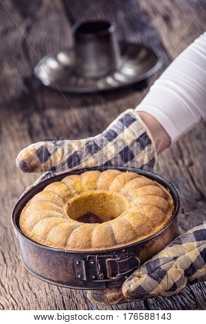 Marble cake.Easter Cake. Marble cake cup of coffee powder sugar and kitchen vintage utensil.