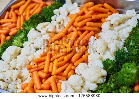 Steamed mixed vegetables. Close up. Shallow dof