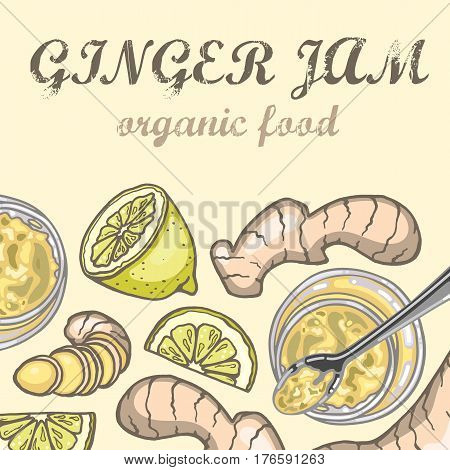Ginger jam in jar lemon and ginger vector illustration