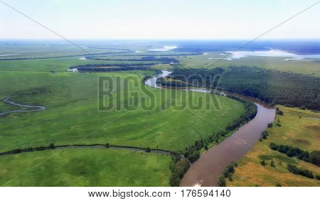 Russia, Ugra. Vasyugan lowland, top view.Typical landscape of swampy terrain