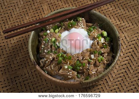 Japanese food rice with slice pork and egg, Butadon