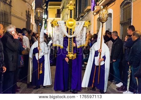 Badajoz Spain - March 21 2016: Easter week (Semana Santa) Nazarene processions celebrations of international interest