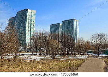 MOSCOW/ RUSSIA - MARCH 12, 2017. The construction of a modern residential complex Fleet (Russian: Flotiliya) near the Park of Friendship . The Khovrino District, Moscow, Russia.