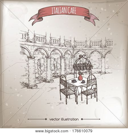Vintage travel illustration with Italian street cafe. Hand drawn sketch. Great for coffee, restaurant, cafe ads, travel brochures, labels.