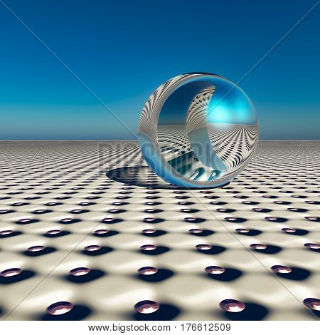 A dimple pattern horizon with an abstract surreal chrome sphere of the future 3d Illustration.