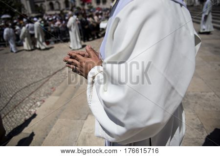 Fatima Portugal - May 13 2014: Priest at the Sanctuary of Fatima during the celebrations of the apparition of the Virgin Mary in Fatima Portugal.