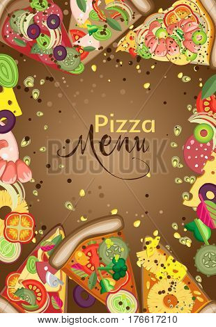 Vector vertical frame of pieces of pizza and ingredients. You can use to create a menu banner or advertising poster