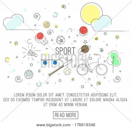 Sport or healthy lifestyle concept banner. Flat design.Vector banner for your web design. Outline icons of healthy food and sport.