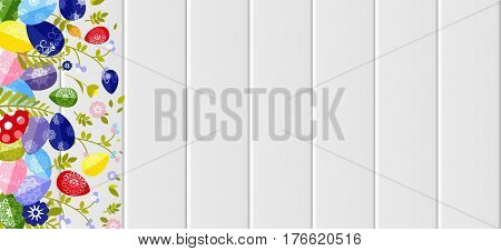 Stock vector illustration Happy Easter background colored eggs, spring decoration, leave, tulip flower design element in flat style for printed material, postcard, greeting, festive card banner, flyer