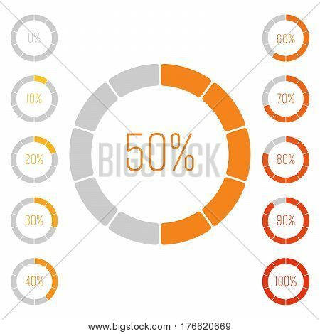 Set of ring pie charts with percentage value. Performance analysis in percent. Modern vector grey-orange infographic graph elements.