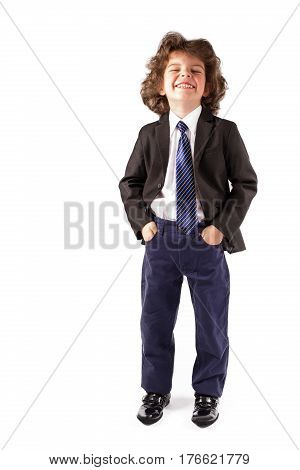 Curly cute boy is throwing back her head and laughs. Full length. White background.