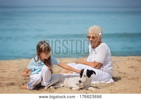 Happy grandmother has fun with granddaughter and her pet on the seaside