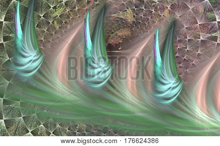 Abstract design of three turquoise blurred fractal flowers on a mesh background for decorative panels and posters decoration of walls and wallpapers. Creates an illusion of the tunnel. Fractal art background.