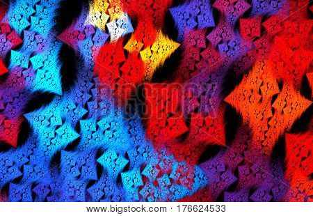 Abstract funky blue and red checkeredl pattern for fabric wallpaper and wall decoration on black background. Fractal art.