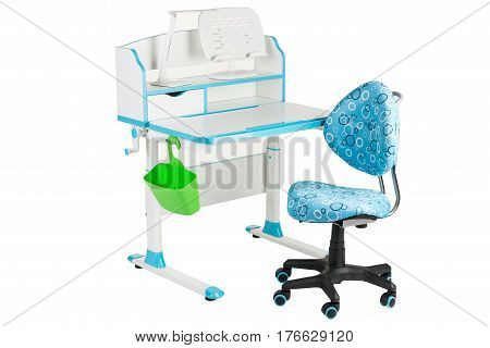 Blue chair blue school table green basket and desk lamp on the white isolated background.