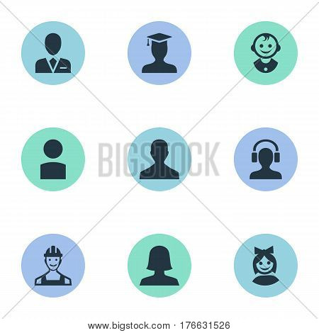 Vector Illustration Set Of Simple Member Icons. Elements Male With Headphone, Insider, Woman User And Other Synonyms Headphone, Proletarian And Worker.