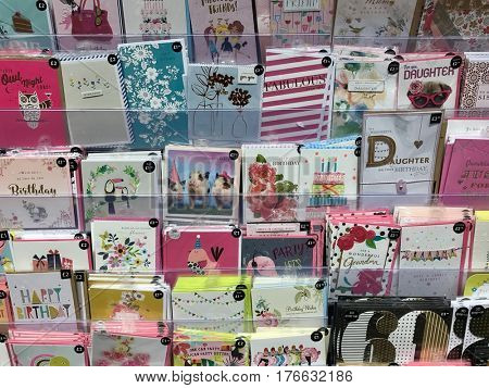 READING - MARCH 12, 2017: Display of greetings cards for all occasions for sale at Marks & Spencer (M&S) Simply Food in Lower Earley, Reading, Berkshire, UK.