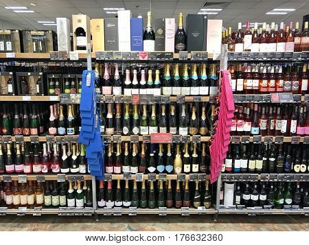 READING - MARCH 12, 2017: Bottles of Champagne and Sparkling Wine for sale at Marks and Spencer (M&S) Simply Food in Lower Earley, Reading, Berkshire, UK.