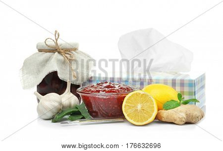 Natural ingredients for cough remedy on white background