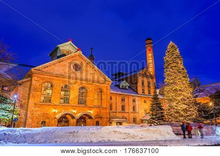 SAPPORO, JAPAN - FEBRUARY 17, 2017: Sapporo Beer Museum at night. The building was first opened as Kaitakushi Brewery in 1876.