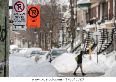 Montreal, Ca - 16 March 2017: Orange Sno-parking Sign In Montreal