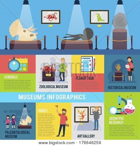 Colorful excursion infographic concept with people attending museums exhibitions and art gallery vector illustration