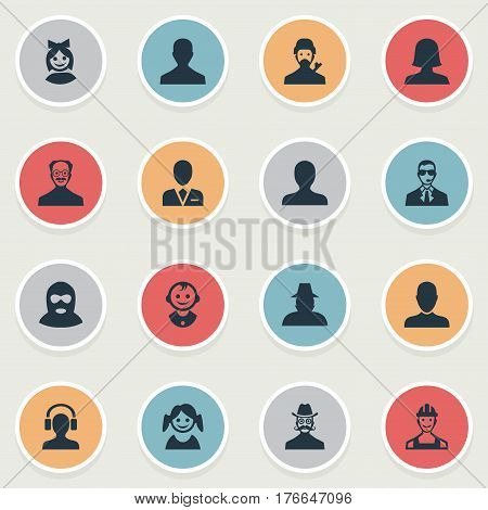 Vector Illustration Set Of Simple Human Icons. Elements Felon, Job Man, Bodyguard And Other Synonyms Proletarian, Girl And Bodyguard.
