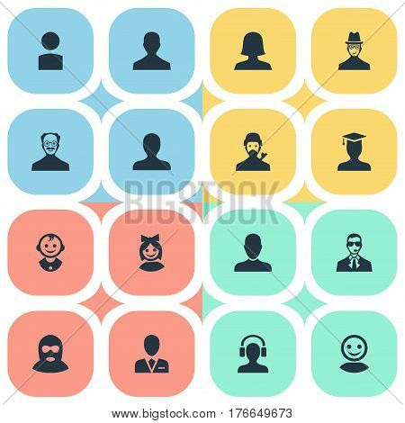 Vector Illustration Set Of Simple Avatar Icons. Elements Workman, Job Man, Bodyguard And Other Synonyms Culprit, Student And Man.