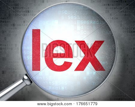 Law concept: magnifying optical glass with words Lex on digital background, 3D rendering