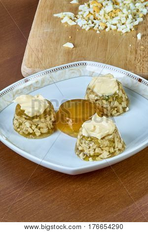 Cook chews the dish with mayonnaise egg cucumber full collection of food recipes jelly with chicken step by step instruction