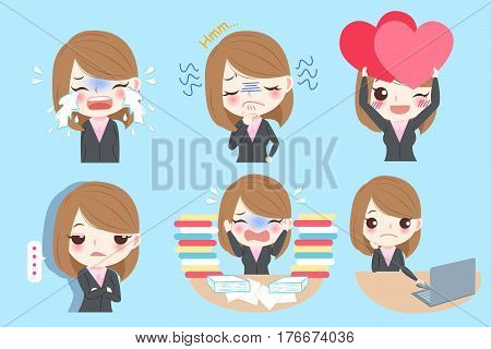 Set of cute cartoon business woman with different emotion