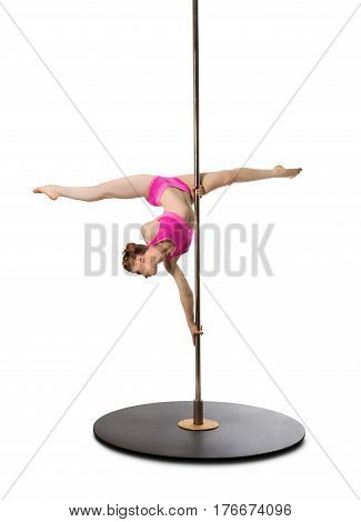 Vertical full length shot of athletic flexible woman performing at pole dance studio, making twine on pylon on white isolated background, copy space, cutout