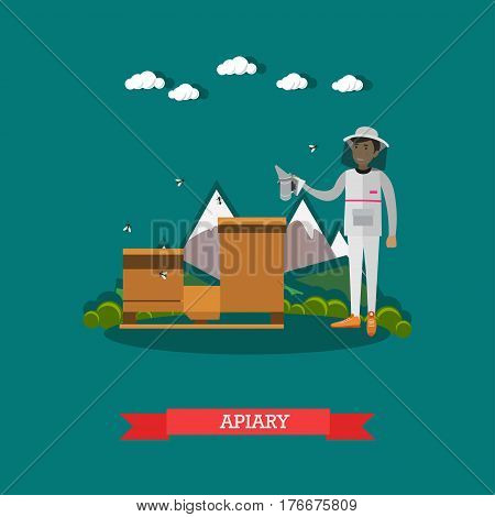 Vector illustration of beekeeper working on apiary. Apiculture concept design element in flat style.