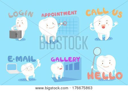 set of cute cartoon tooth with web design text and icon