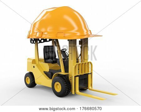 3d rendering forklift truck with yellow helmet on white background