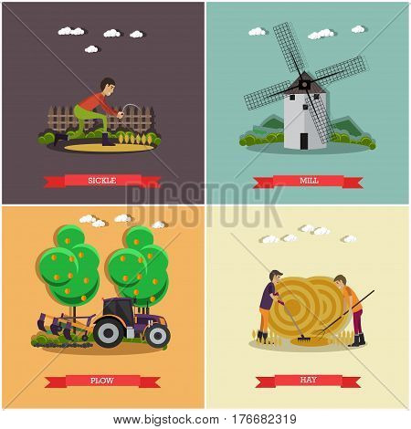Vector set of farming posters, banners. Sickle, Mill, Plow and Hay design elements in flat style.