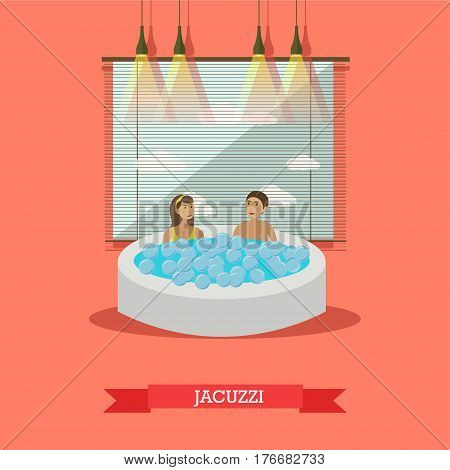 Vector illustration of young people enjoying . Hot tub spa services concept design elements in flat style.