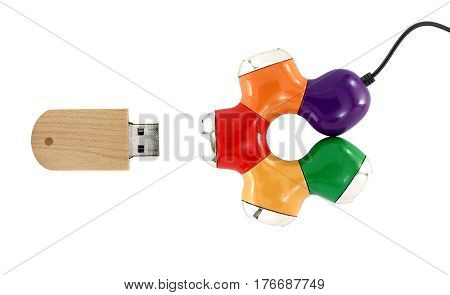 colorful usb hub like flower and brown wooden usb flash drive isolated on white background, bright color peripheral devices for backup and transferring digital data, flat lay close up top view