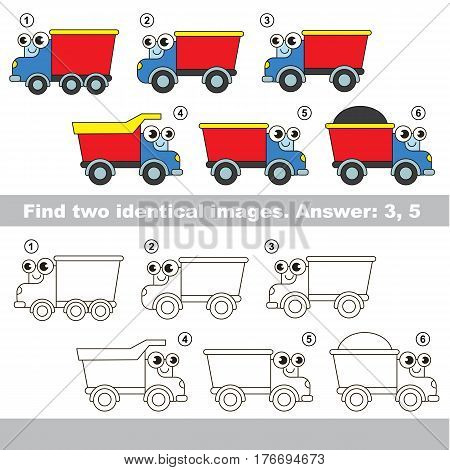 The design difference. Vector visual game for kid education. Simple level of difficulty. Easy educational game. Task and answer. Find two similar Lorries.