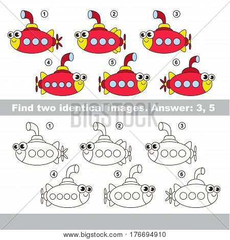 The design difference. Vector visual game for kid education. Simple level of difficulty. Easy educational game. Task and answer. Find two similar Submarines.