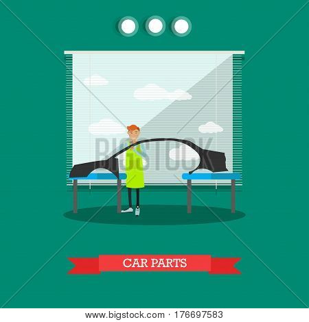 Vector illustration of factory worker standing near car body. Car assembly plant. Automobile industry, car parts concept design element in flat style.