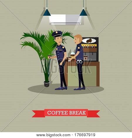 Vector illustration of policemen taking coffee break. Police station interior, coffee automatic machine. Flat style design.