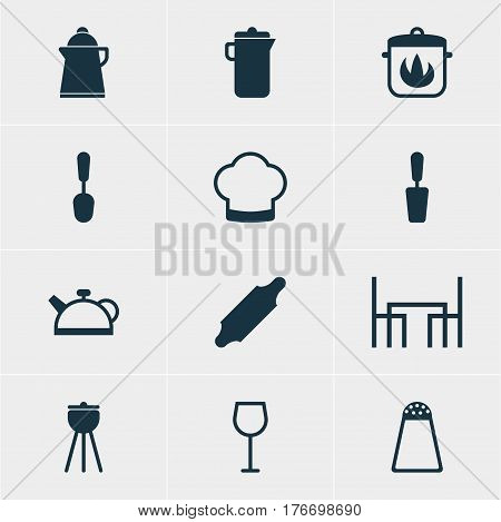 Vector Illustration Of 12 Kitchenware Icons. Editable Pack Of Teakettle, Jug, Dinner Table And Other Elements.